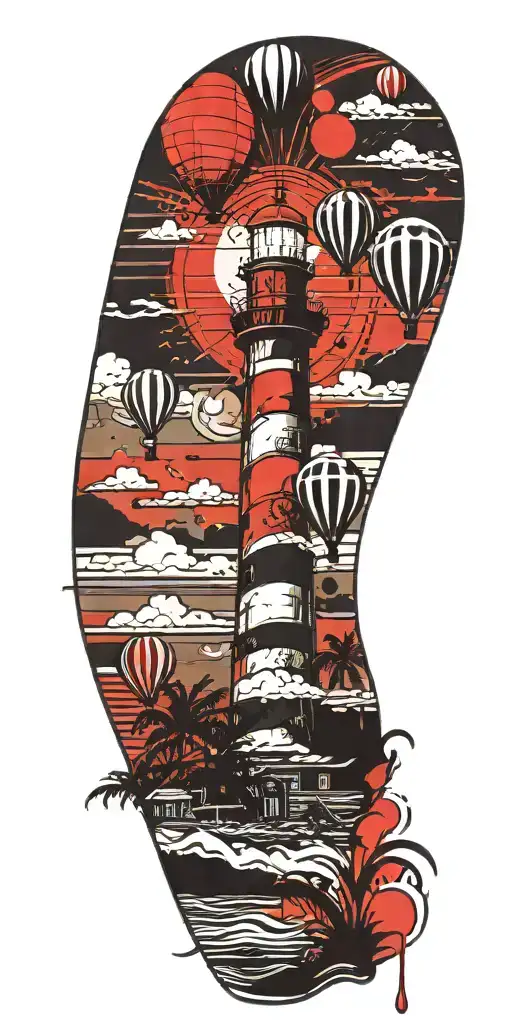 light house beach scene with palm trees and hot air balloons  tattoo design idea