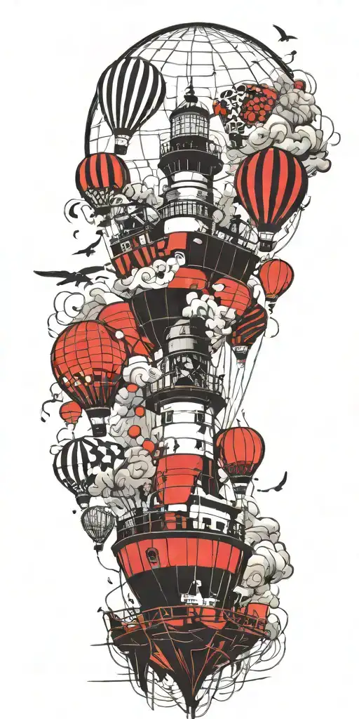 hot air balloons, lighthouses, and ship wreck  tattoo design idea