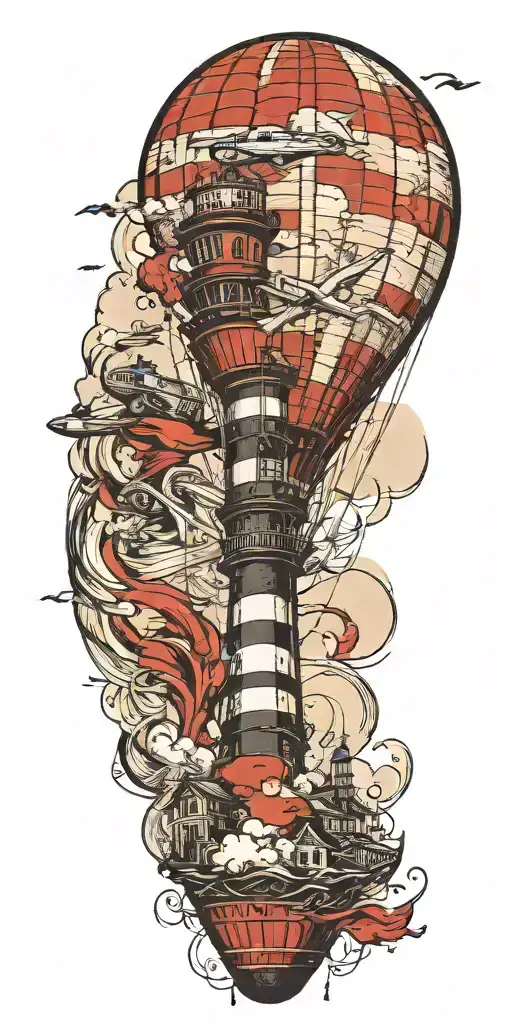lighthouse hot air balloon and a banner plane a tornado  tattoo design idea