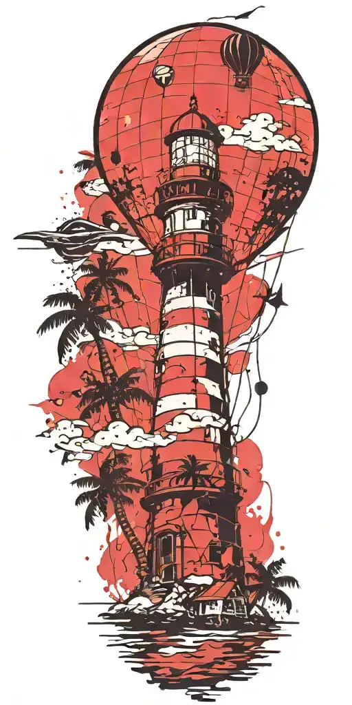 light house beach scene with palm trees and hot air balloons  tattoo design idea