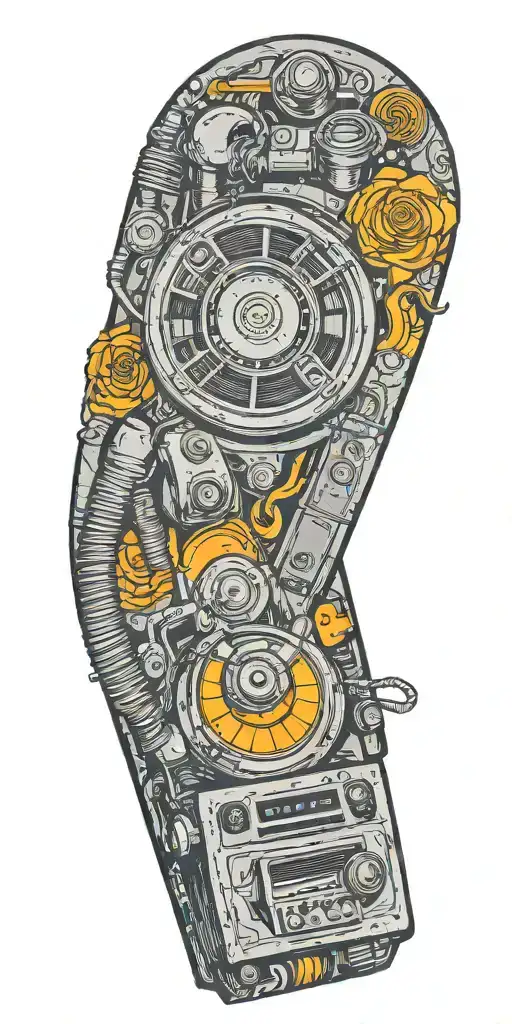 old school dial phone, speakers, record player spinning tattoo design idea