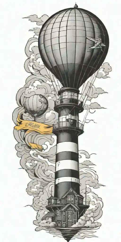 lighthouse hot air balloon and a banner plane a tornado  tattoo design idea