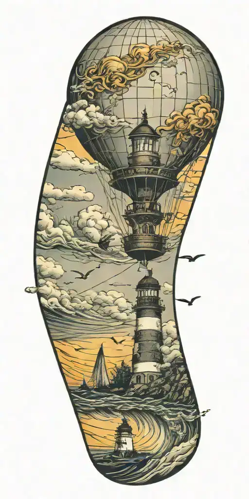 hot air balloon and a lighthouse in hurricane  tattoo design idea