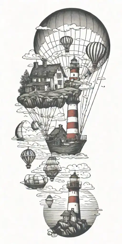 lighthouses mushroom hot air balloons and a shipwreck  tattoo design idea