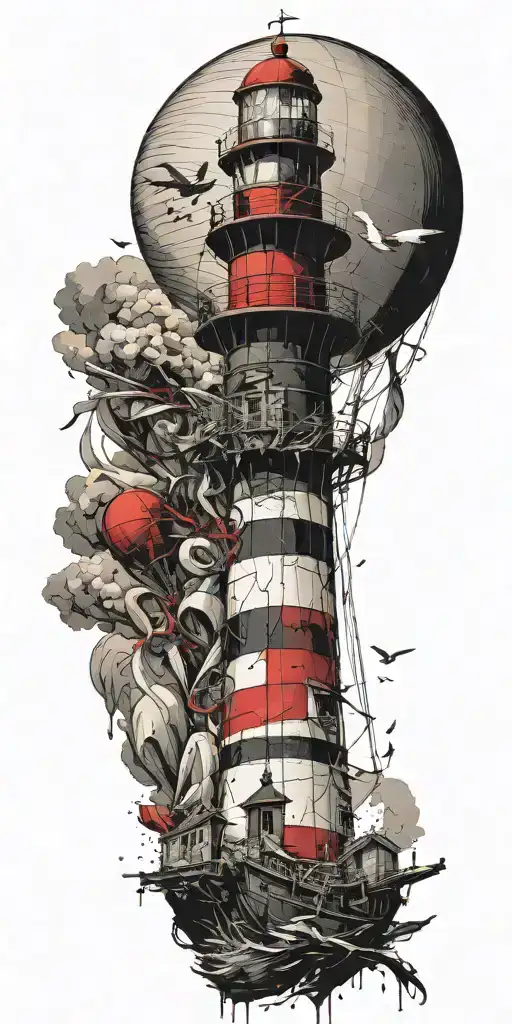 lighthouse and hot air balloon being destroyed in a tornado  tattoo design idea