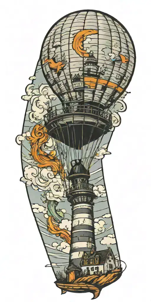 lighthouse hot air balloon and a banner plane flying in a tornado  tattoo design idea