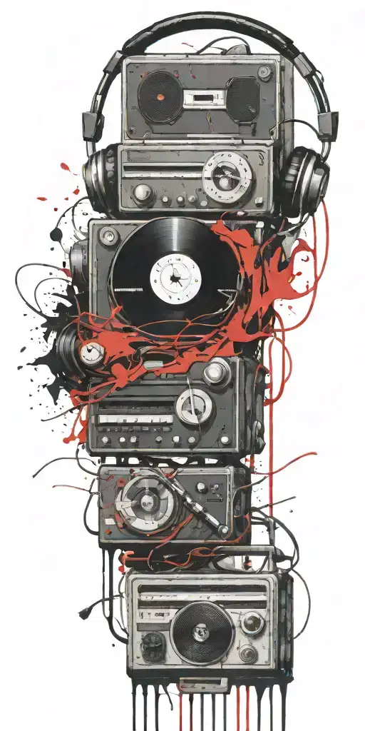 brenade broken record player, cassette tape headphones thunder storm  tattoo design idea