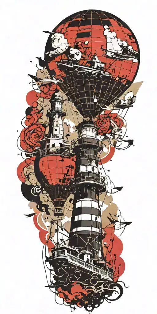 hot air balloons, lighthouses, and ship wreck  tattoo design idea