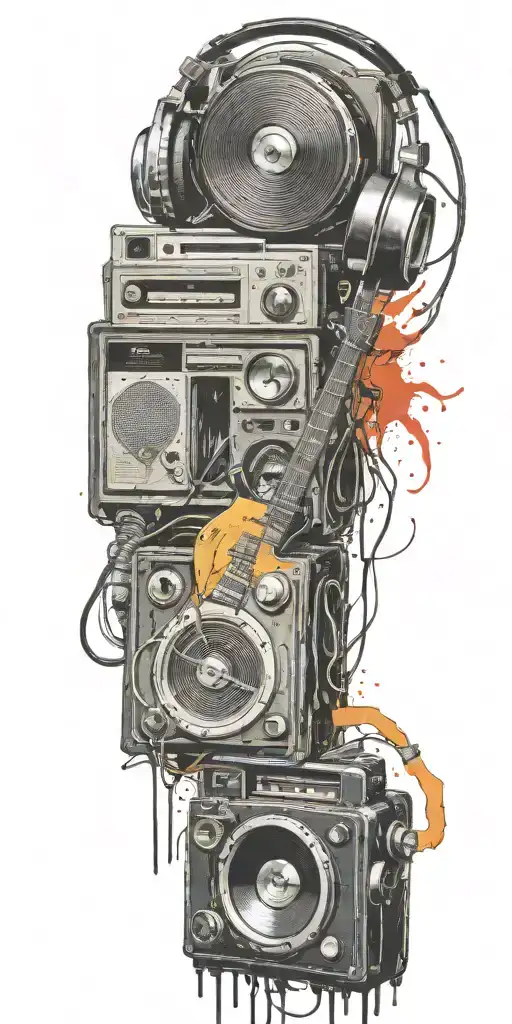 opened can of guitar, record player, cassette tape headphones twisted toget tattoo design idea