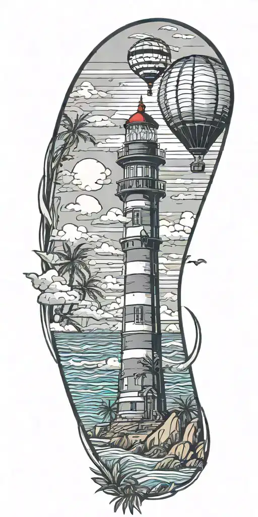 light house beach scene with palm trees and hot air balloons  tattoo design idea