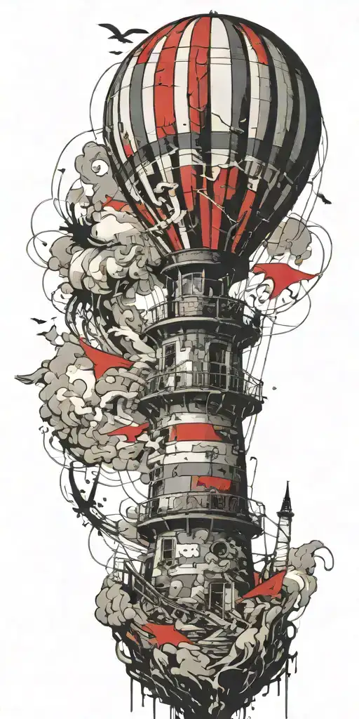 hot air balloon and lighthouse in a tornado never give up tattoo design idea