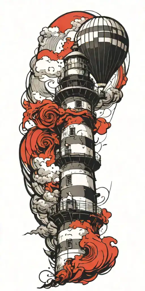 lighthouse and a hot air balloon in a tornado  tattoo design idea