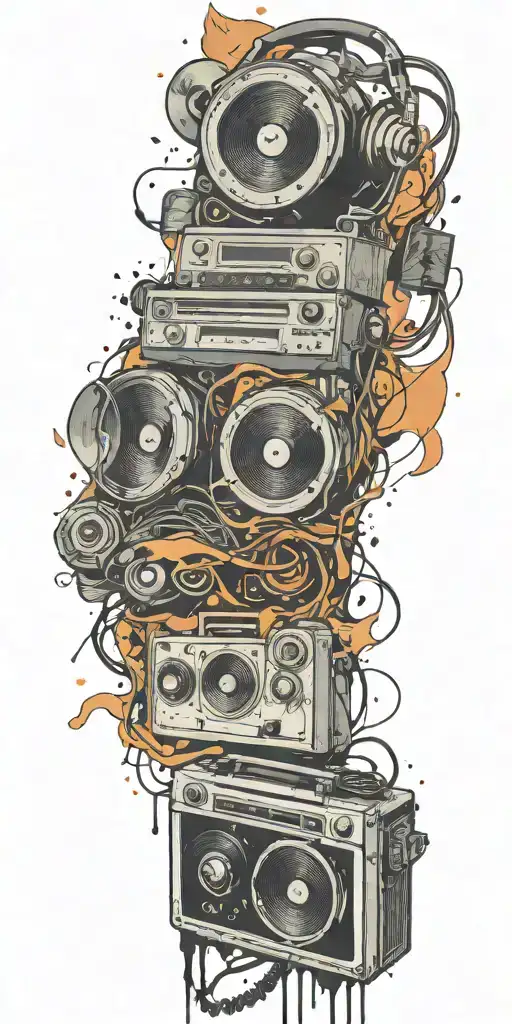 opened can of guitar, record player, cassette tape headphones in a bomb explosion  tattoo design idea