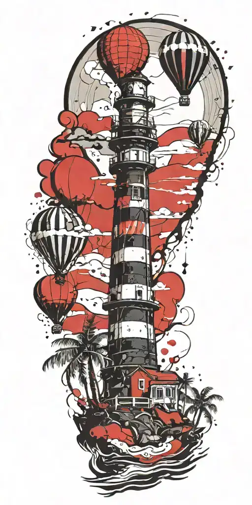 light house beach scene with palm trees and hot air balloons  tattoo design idea