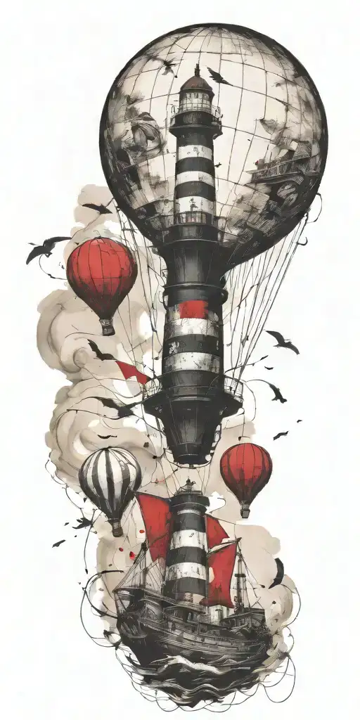 shipwreck hot air balloons and lighthouse tattoo design idea