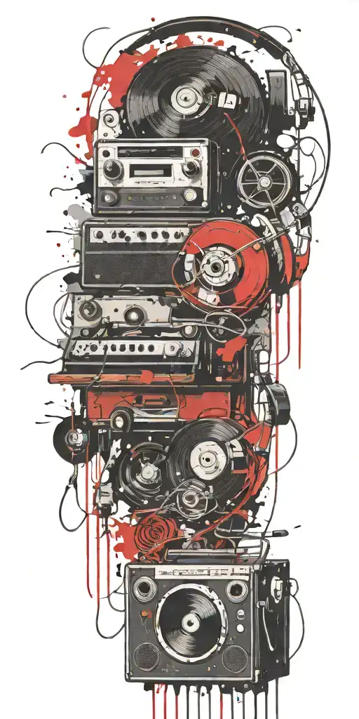record player, headphones, guitar thunder storm  tattoo design idea