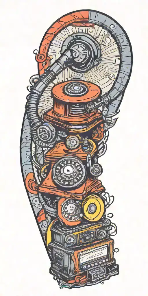 old school phone and record player tornado  tattoo design idea