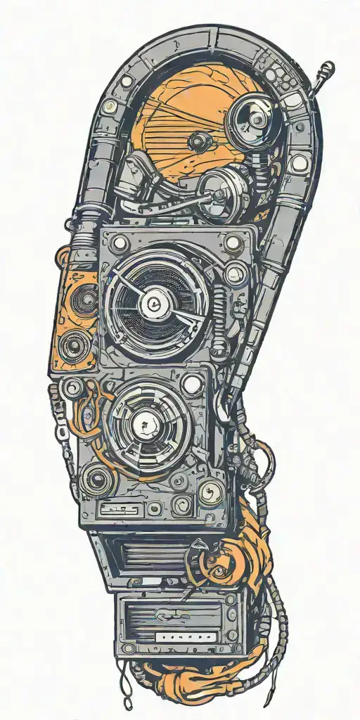 old school phone, record player, and rock music band speaker and microphone  tattoo design idea