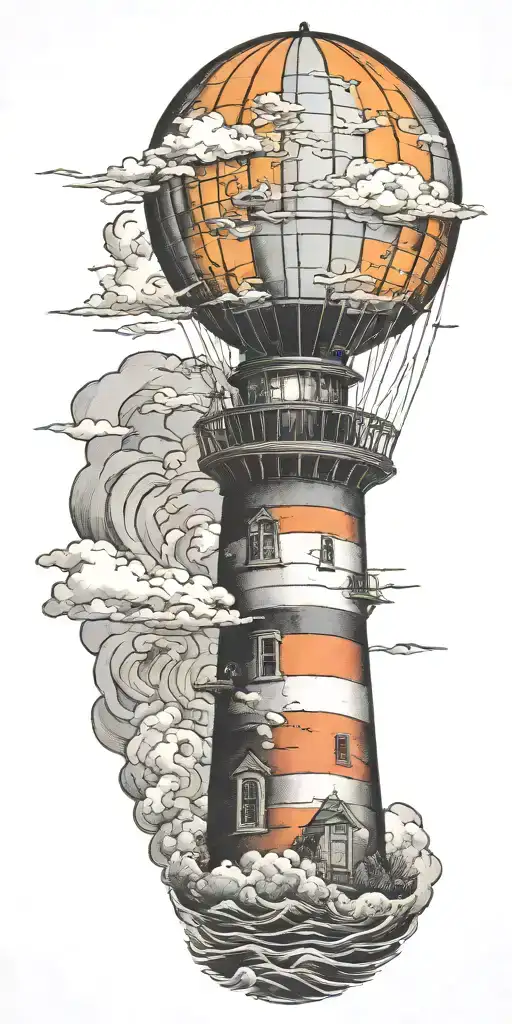 hot air balloon and a lighthouse in hurricane  tattoo design idea