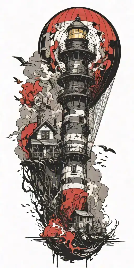 lighthouse being rescued by a hot air balloon in a tornado  tattoo design idea