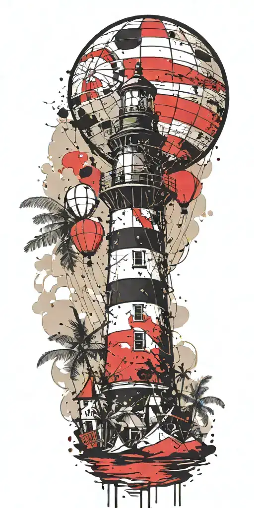 light house beach scene with palm trees and hot air balloons  tattoo design idea