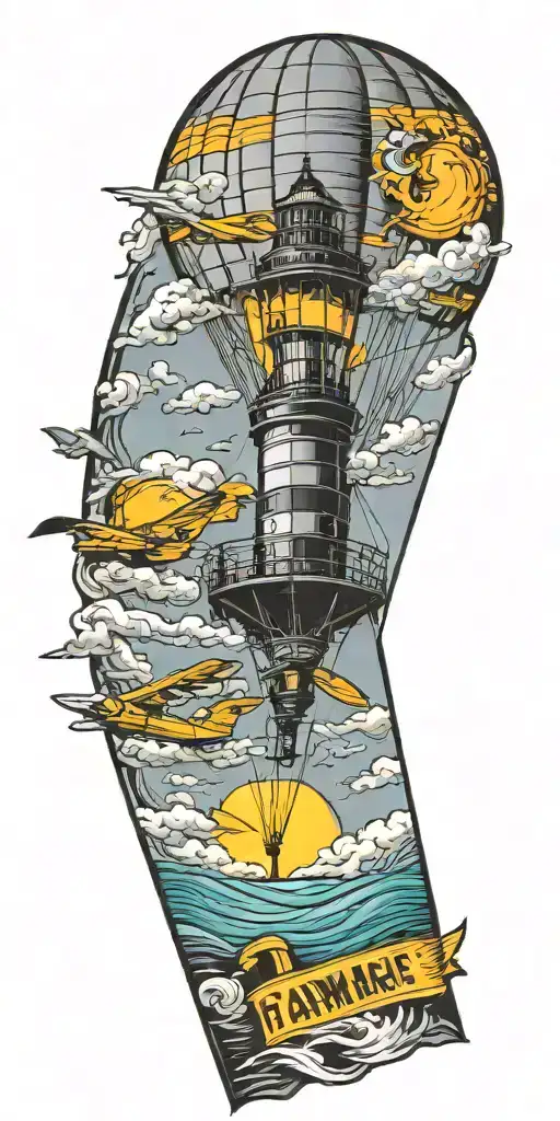 lighthouse hot air balloon and a banner plane flying in a tornado  tattoo design idea