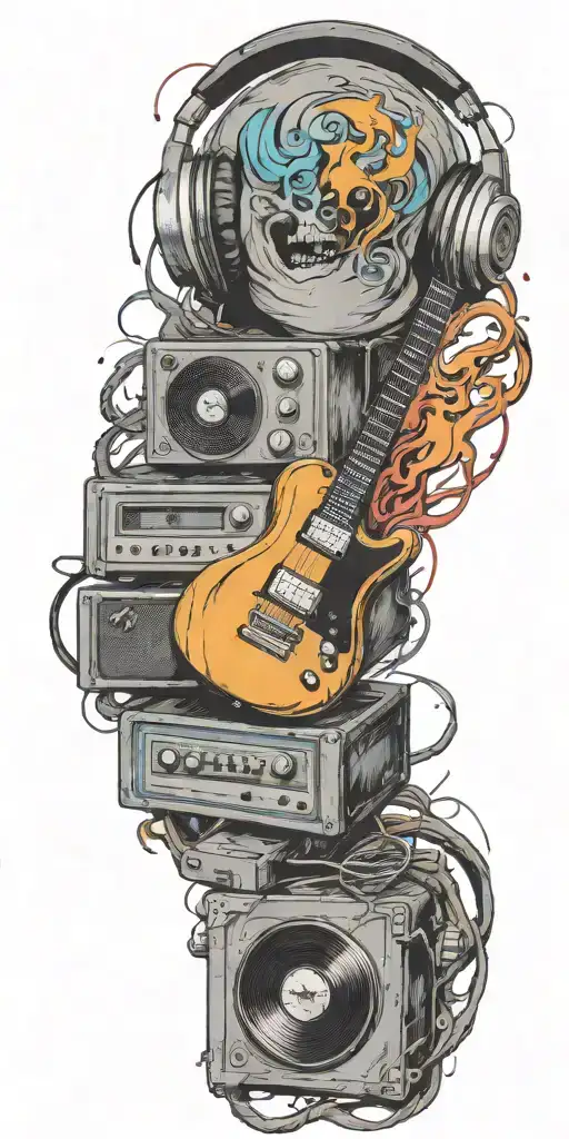 record player playing, guitar playing , headphones  in a tornado tattoo design idea