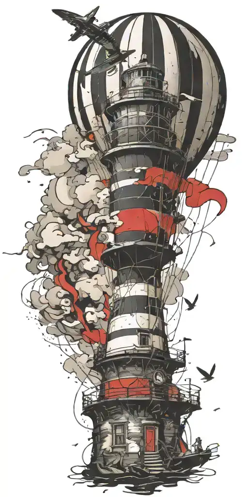 hot air balloon and lighthouse in a tornado never give up tattoo design idea