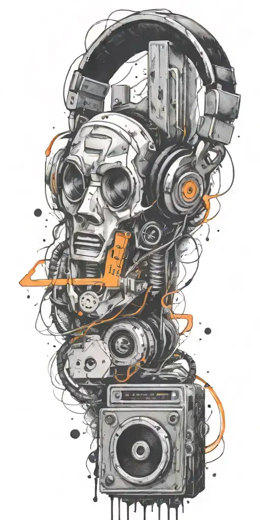 frozen audio cassette tape, headphones, guitar thunder storm  tattoo design idea