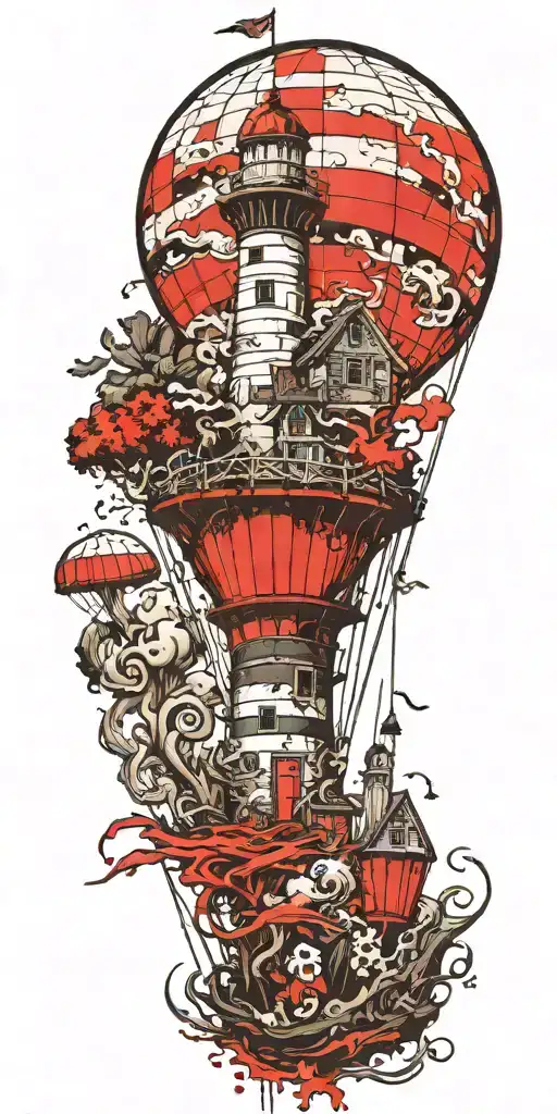 lighthouse mushroom hot air ballon's and a shipwreck  tattoo design idea