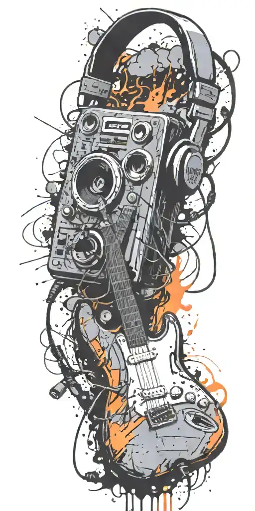 cassette tape, headphones, guitar bomb exploding tattoo design idea