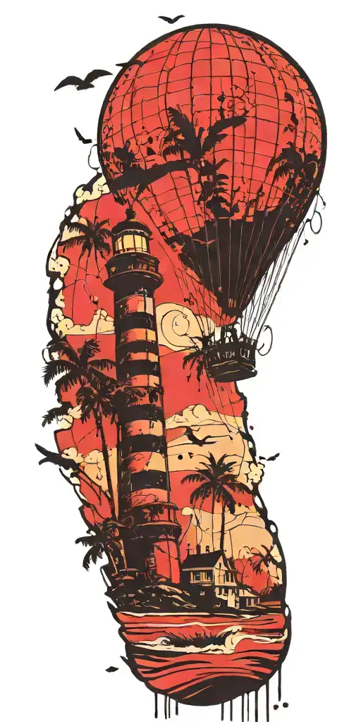 light house beach scene with palm trees and hot air balloons  tattoo design idea