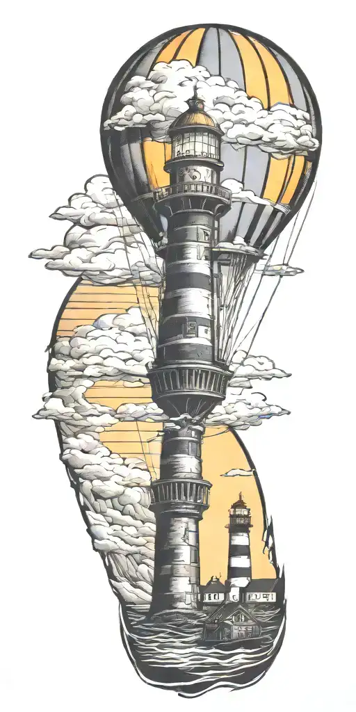 hot air balloon and a lighthouse in hurricane  tattoo design idea