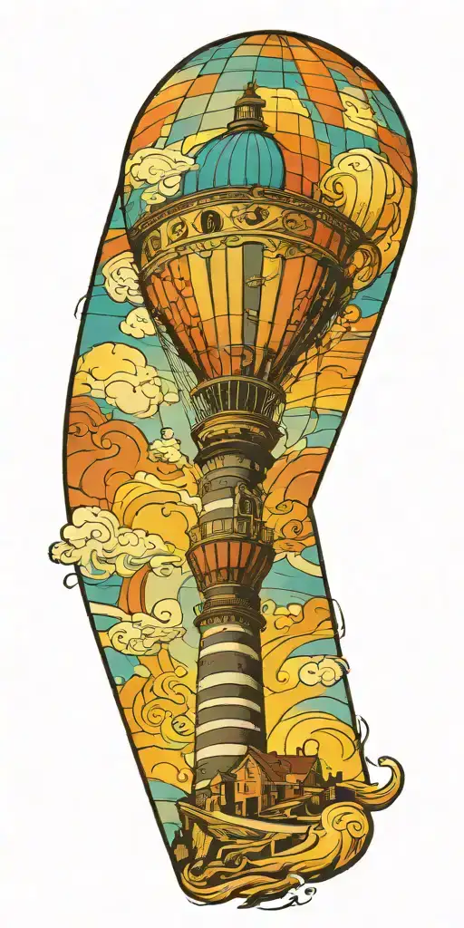 hot air balloon and a lighthouse in hurricane  tattoo design idea