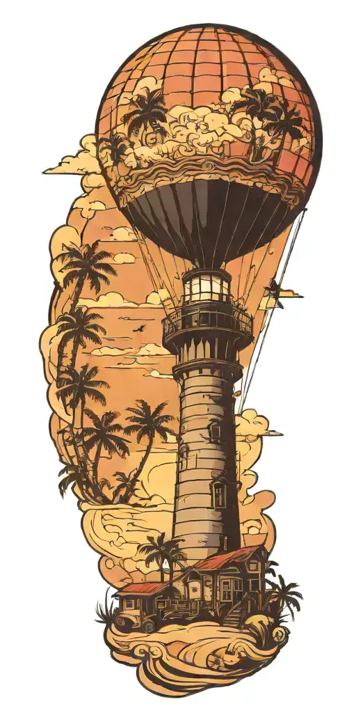 light house beach scene with palm trees and hot air balloons  tattoo design idea
