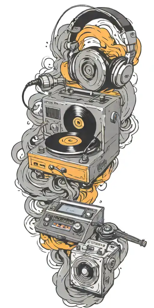 record player playing, headphones, and guitar in a tornado tattoo design idea