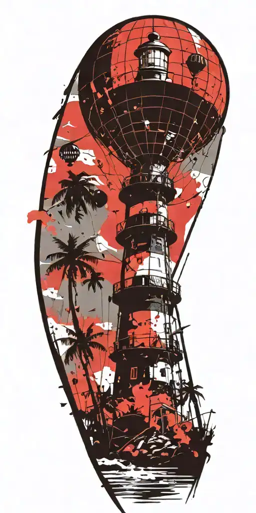 light house beach scene with palm trees and hot air balloons  tattoo design idea