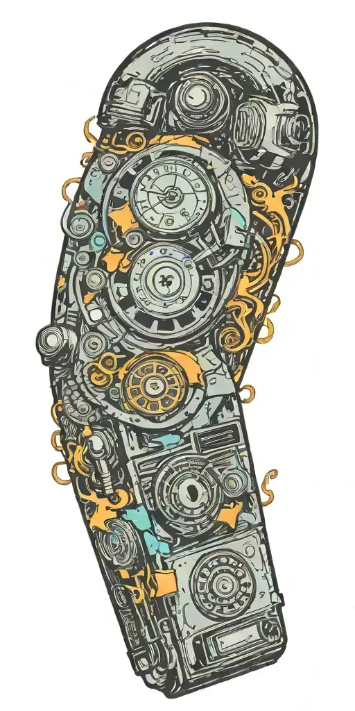 trippy old school dial phone, music speakers, and record player tornado melting  tattoo design idea