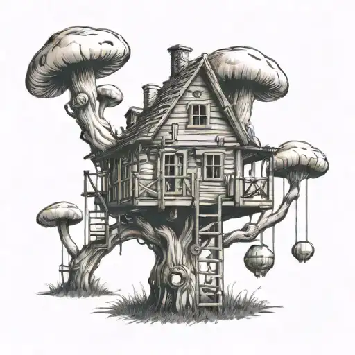 mushroom tree house jail cell with bars tattoo design idea
