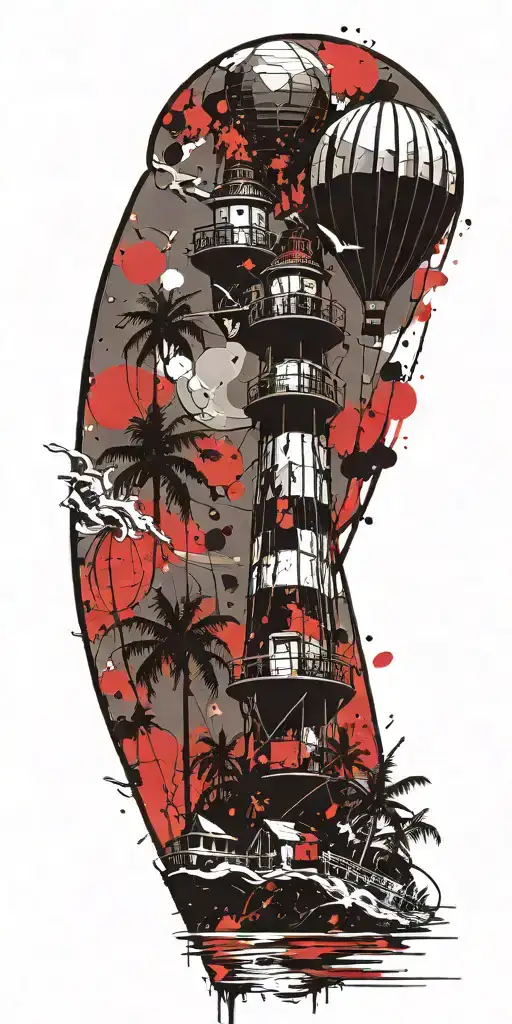 light house beach scene with palm trees and hot air balloons  tattoo design idea