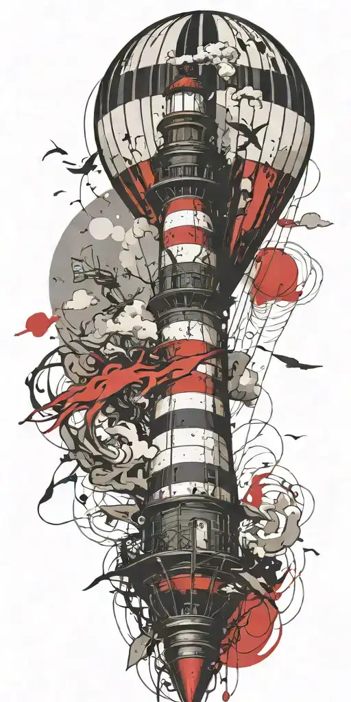 hot air balloon and lighthouse in a tornado never give up tattoo design idea