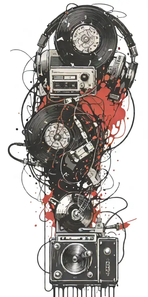 record player, headphones, guitar thunder storm  tattoo design idea