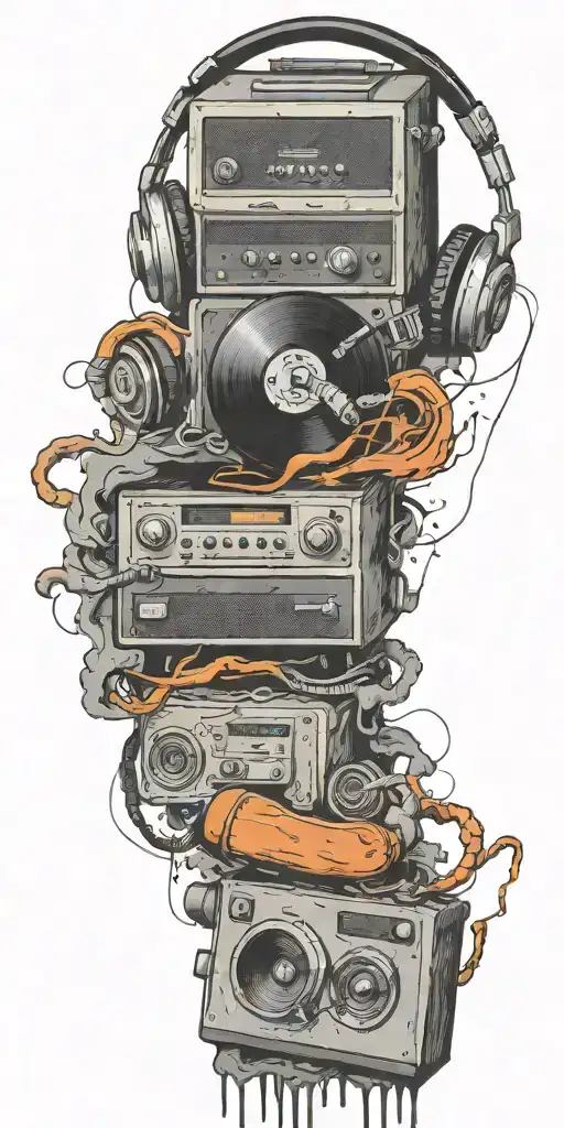 record player playing, headphones, and guitar in a tornado tattoo design idea