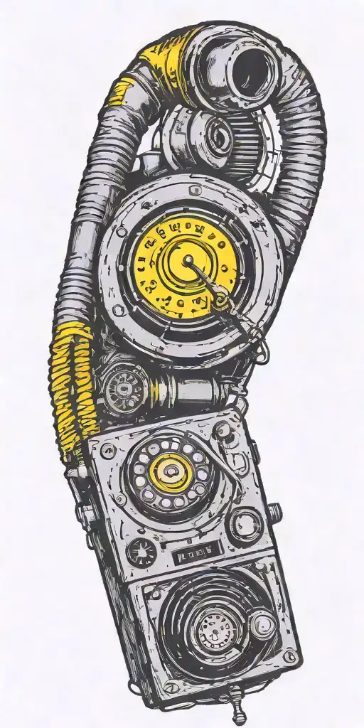 old school dial phone, music speakers, and record player tornado melting  tattoo design idea