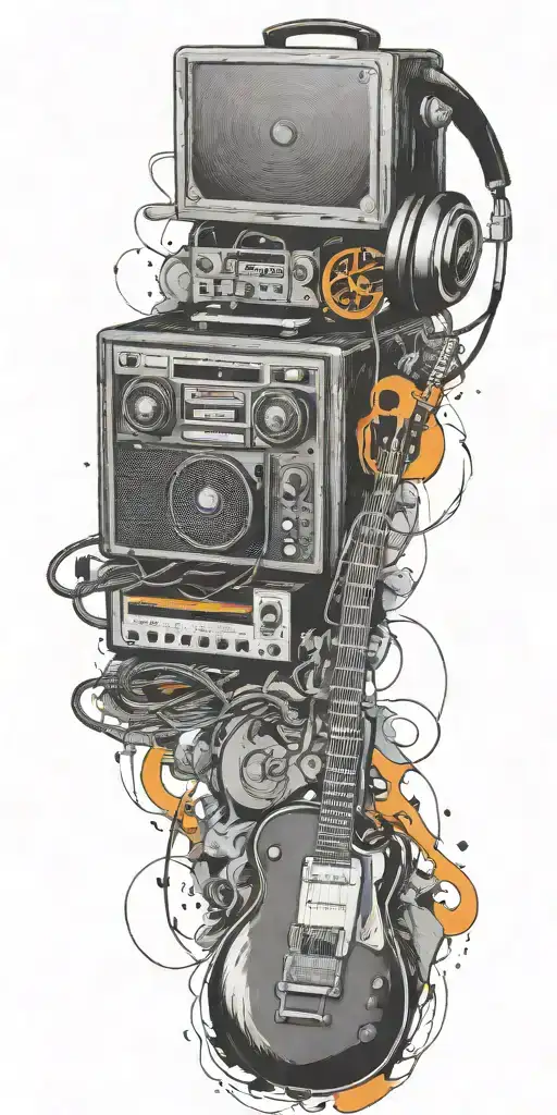 blues guitar, record player, cassette tape headphones  in a tornado tattoo design idea
