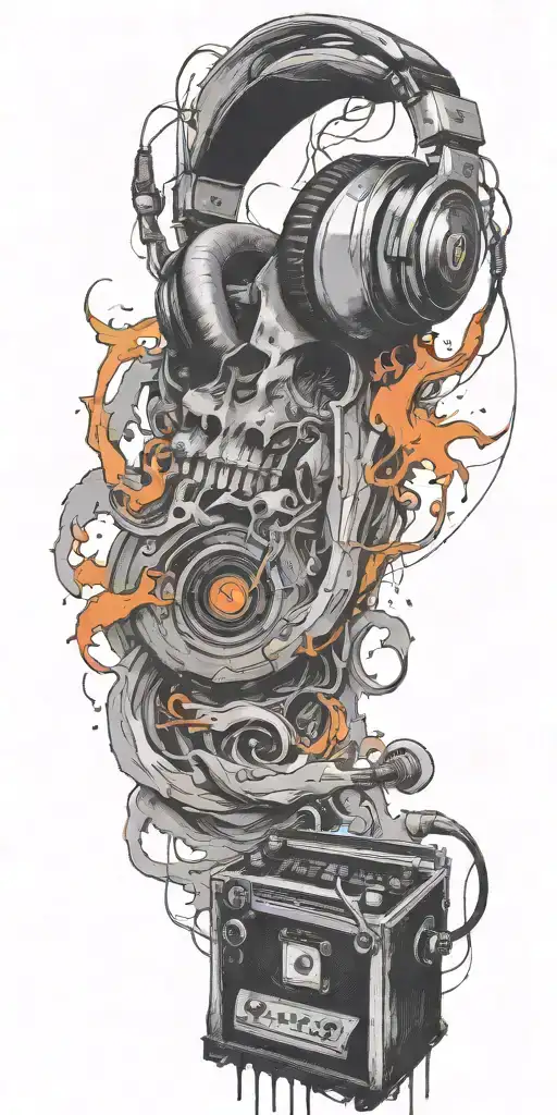 record player playing, guitar playing , headphones  in a tornado tattoo design idea