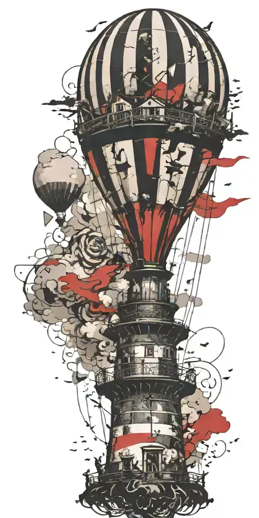 hot air balloon and lighthouse in a tornado never give up tattoo design idea