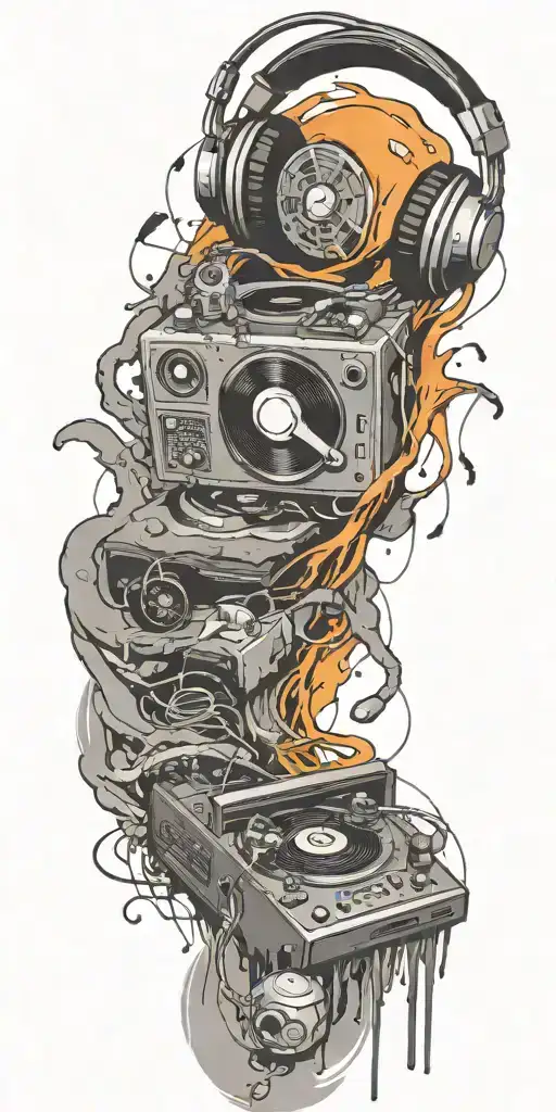 record player playing, headphones, and guitar in a tornado tattoo design idea