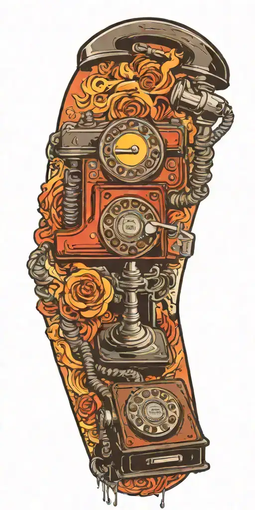 old school dial phone, music speakers, and record player tornado melting  tattoo design idea