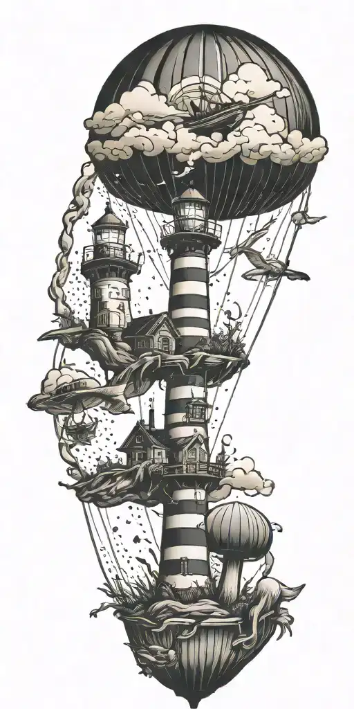 lighthouses mushroom hot air balloons and a shipwreck  tattoo design idea